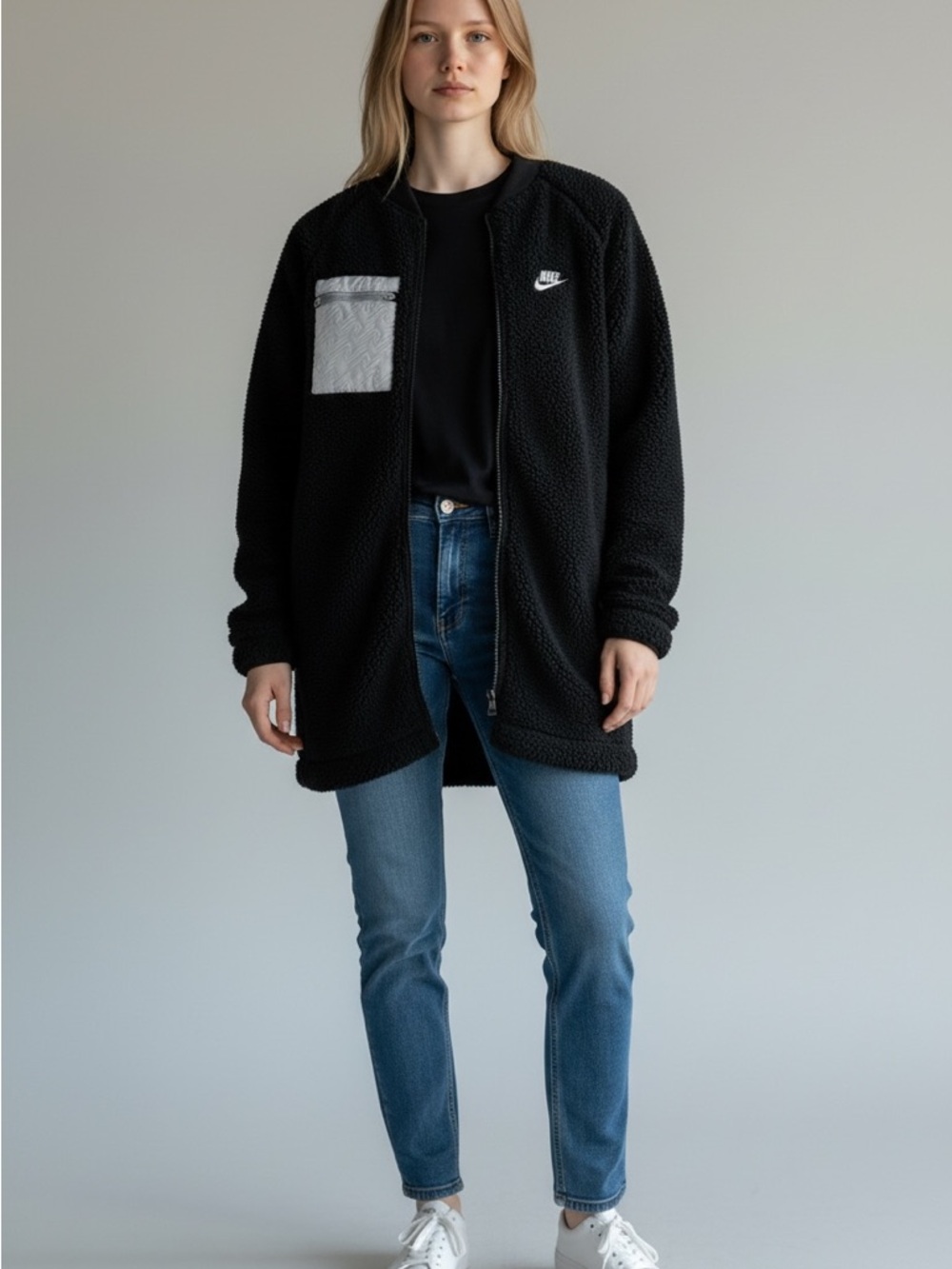 Nike Black Teddy Sherpa Zip Jacket with Light Gray Chest Pocket - Picture 2 of 4